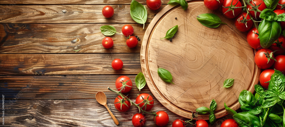 A wooden table with a round wooden board surrounded by ripe tomatoes and sprigs of basil, creating a rustic and inviting setting A wooden table with a round wooden board surrounded by ripe tomatoes and sprigs of basil, creating a rustic and inviting setting