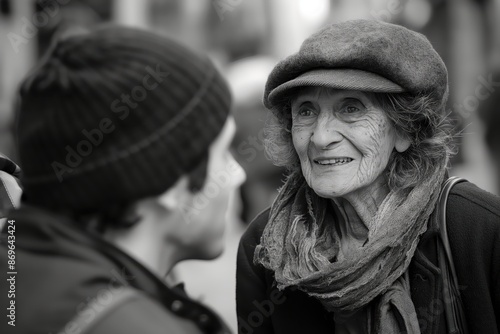 a woman in a hat talking to a man in a scarf