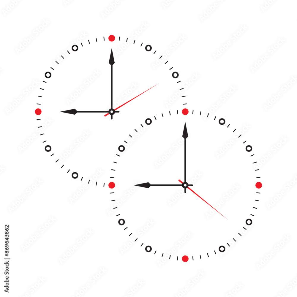 dual analog clock concept. two adjacent analog clocks. two wall clocks stuck together dual analog clock concept. two adjacent analog clocks. two wall clocks stuck together
