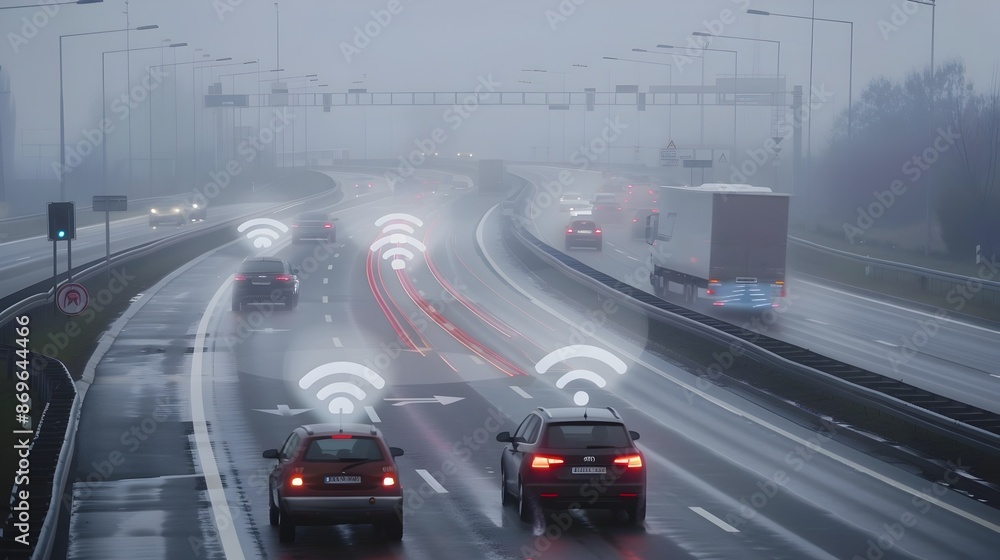 Fototapeta premium Autonomous Vehicle Fleet Communicating via Radar for Cooperative Driving and Transportation