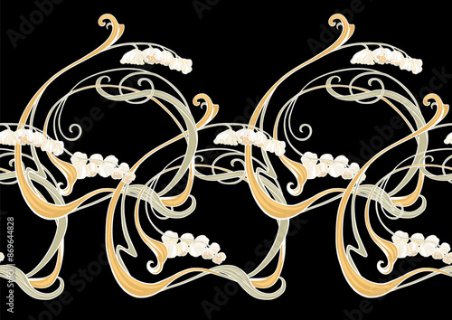 Decorative flowers and leaves in art nouveau style, vintage, old, retro style. Seamless pattern, background. Vector illustration. In art nouveau style, vintage, old, retro style.