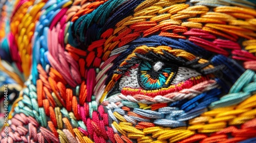 A Close-up Shot of a Cyber-ethnic embroidery, stitched diverse portraits photo