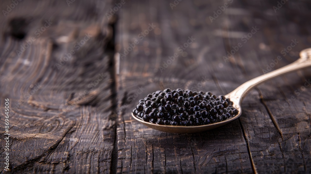 Black caviar in spoon on rustic wooden surface, luxurious delicacy Black caviar in spoon on rustic wooden surface, luxurious delicacy