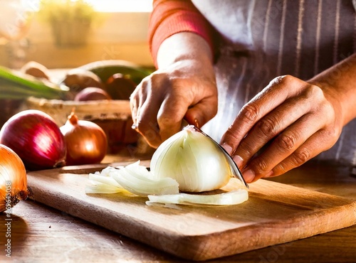 Hispanic lady cooking at home, chopping onion with a knife. Closeup of her hands, only her hands chopping the onion on focus. Concept of housekeeping or housewife/maid. photo