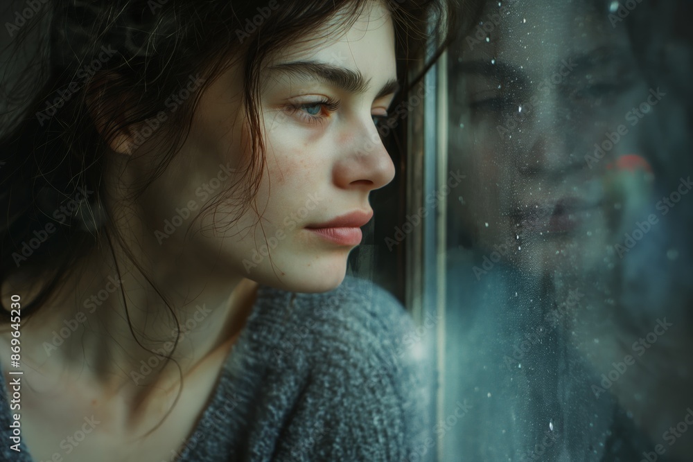 A woman with a sad expression is sitting by the window, looking at the rain A woman with a sad expression is sitting by the window, looking at the rain