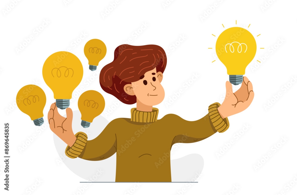Young boy having a lot of ideas and choosing best one to solve some ...