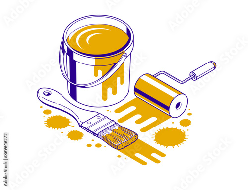 Painting walls interior vector 3D isometric illustration, diy renovation, residential flat renovate, apartment or house interior decoration.