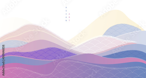 Abstract oriental Japanese art vector background, traditional style design, wavy shapes and mountains terrain landscape, runny like sea lines.