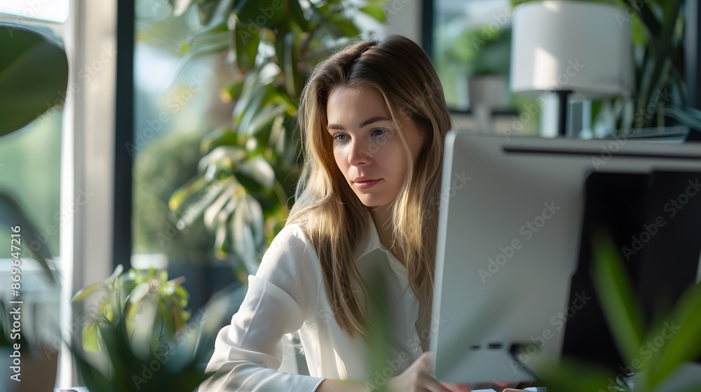 A woman concentrating on her desktop computer in a modern office surrounded by plants, emphasizing focus and a serene work environment. A woman concentrating on her desktop computer in a modern office surrounded by plants, emphasizing focus and a serene work environment.