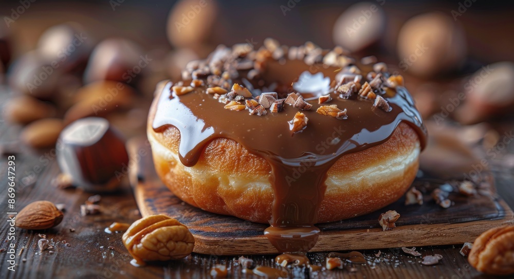 Glazed Donut With Chocolate Drizzle and Nuts on Wooden Board Glazed Donut With Chocolate Drizzle and Nuts on Wooden Board