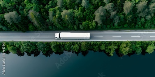 White semi truck transporting cargo on road near lake with green trees. Concept Trucking Industry, Transportation Logistics, Nature Scenery, Cargo Freight, Commercial Vehicles