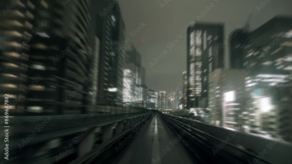 Point of view of fast train travel forward on Yurikamome train line at night Tokyo, Japan. 4k Point of view of fast train travel forward on Yurikamome train line at night Tokyo, Japan. 4k