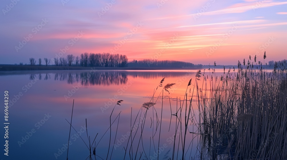 a lake with reeds and a sunset in the background a lake with reeds and a sunset in the background