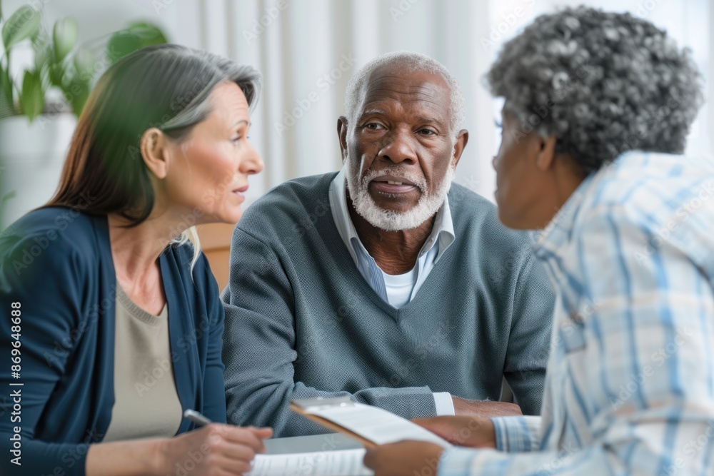 Portrait half-body of a multi-ethnic couple meeting with a financial planner to discuss retirement savings in a bright office, hyper-realistic, high detail, photorealistic Portrait half-body of a multi-ethnic couple meeting with a financial planner to discuss retirement savings in a bright office, hyper-realistic, high detail, photorealistic