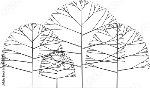 Vector silhouette illustration sketch detailed design of collection of tree plants with lots of leaves and twigs in the forest 