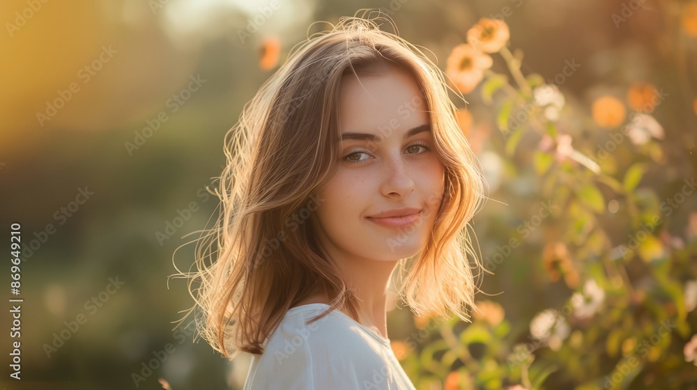Fototapeta premium a woman with a white shirt and a flower bush in the background is smiling at the camera with a sunbeam in the foreground