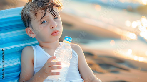 Little boy on the beach with a sunstroke holds a bottle of water
