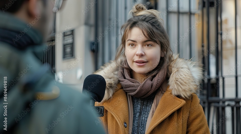 Woman Being Interviewed Outdoors with Cinematic Lighting and Warm Tones in Documentary Style Woman Being Interviewed Outdoors with Cinematic Lighting and Warm Tones in Documentary Style
