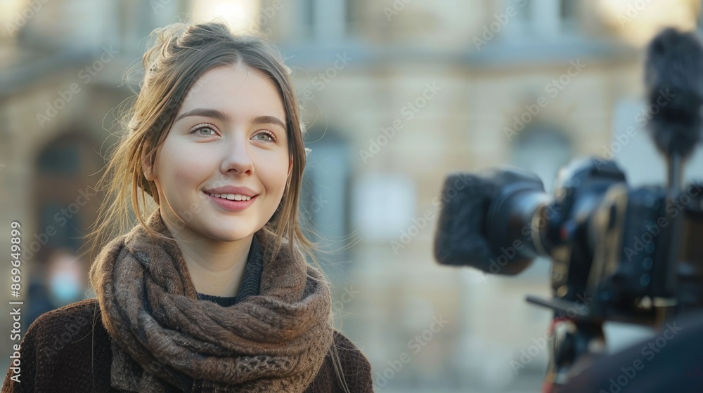 Fair skinned Woman Being Interviewed Outdoors with Cinematic Lighting and Warm Tones Fair skinned Woman Being Interviewed Outdoors with Cinematic Lighting and Warm Tones