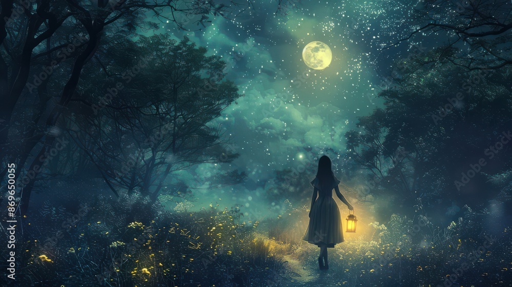 Fototapeta premium A woman is walking through a forest at night, holding a lantern