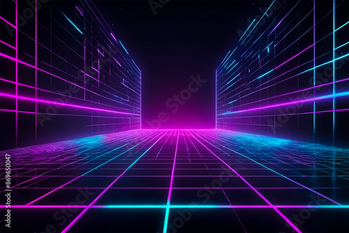 Wallpaper Mural Futuristic Neon Grid with Glowing Horizon Line Background Torontodigital.ca