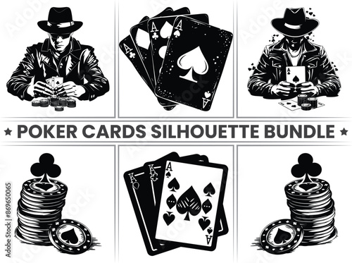 Silhouette set of Playing Card Suits - Poker and Casino Gambling Concept. Perfect for Jackpot Gaming and Sports Themes. Poker Card Silhouette bundle.