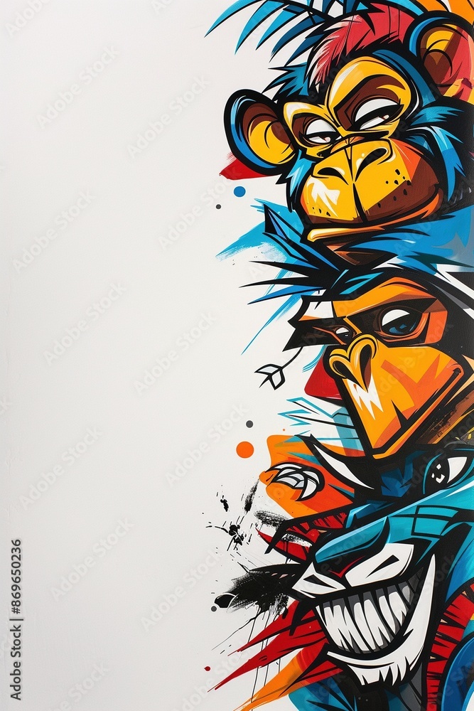 Obraz premium A captivating split scene: one side explodes with a kaleidoscope of expressive monkey faces, while the other depicts powerful tigers intertwined with lush jungle vegetation