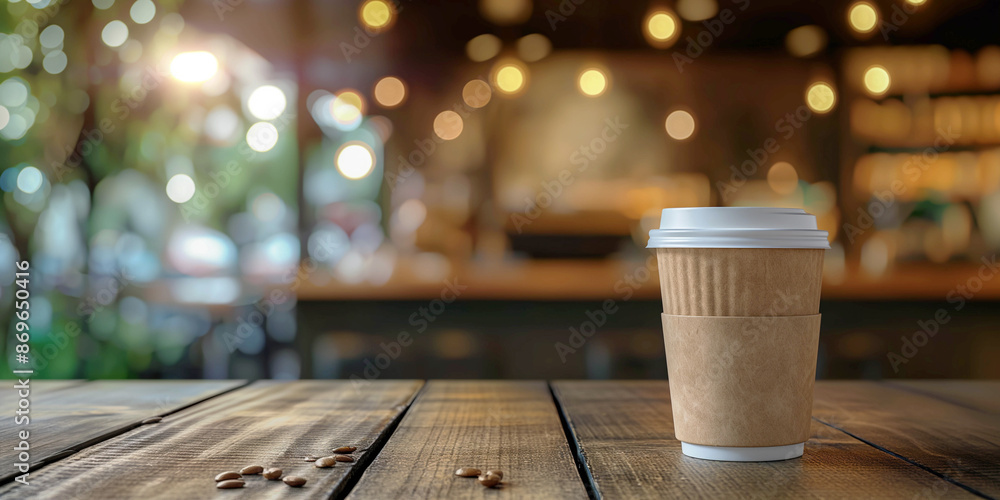 Disposable coffee cup on wooden surface on cafe background, advertising banner Summer mockup for design and product display. Disposable coffee cup on wooden surface on cafe background, advertising banner Summer mockup for design and product display.