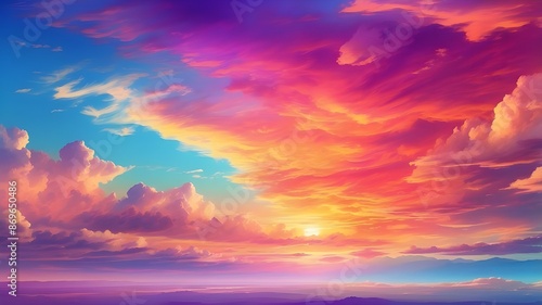 A dreamy, dreamy summer sunset or sunrise sky with shades of blue, purple, orange, red, and yellow. A fantasy, colorful panoramic sunset sky with rich, gradient colors. uplifting and tranquil sky