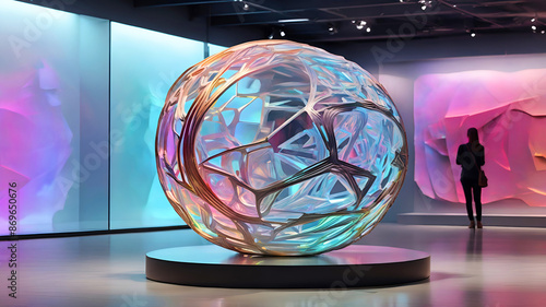 Futuristic digital art gallery featuring holographic sculptures with interactive exhibits photo