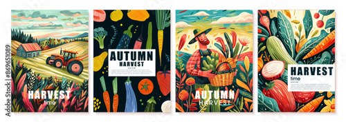 Time for harvest, autumn harvest. Set of vector illustrations of gardener, fields, tractor, vegetables, farm, harvest, nature. Drawings for flyers, promotional materials, posters, cards and other desi