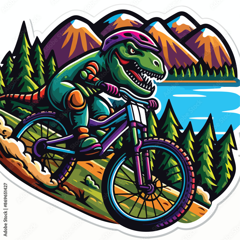 Obraz premium dinosaur riding a bike with mountain