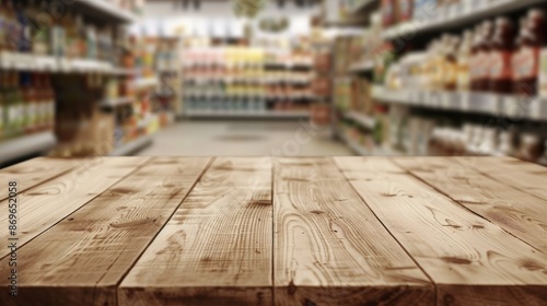 Minimalist Wooden Table in Blurry Supermarket Setting with Soft Lighting