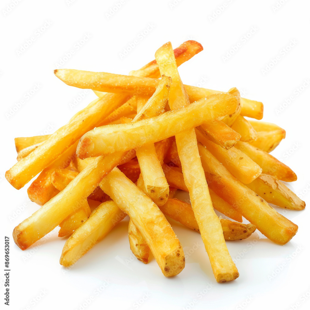 A heap of tasty potato fries, isolated on a white background A heap of tasty potato fries, isolated on a white background