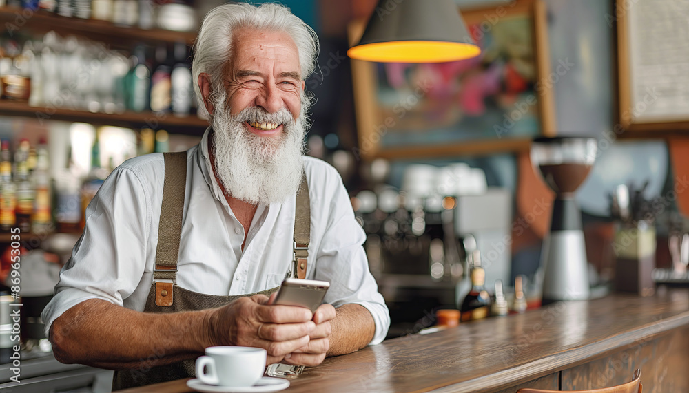 Cheerfully smiling elder with grey hair and beard enjoys cozy morning in coffee shop, savoring a small espresso. His expression reflects happiness of successful retirement and financial independence Cheerfully smiling elder with grey hair and beard enjoys cozy morning in coffee shop, savoring a small espresso. His expression reflects happiness of successful retirement and financial independence
