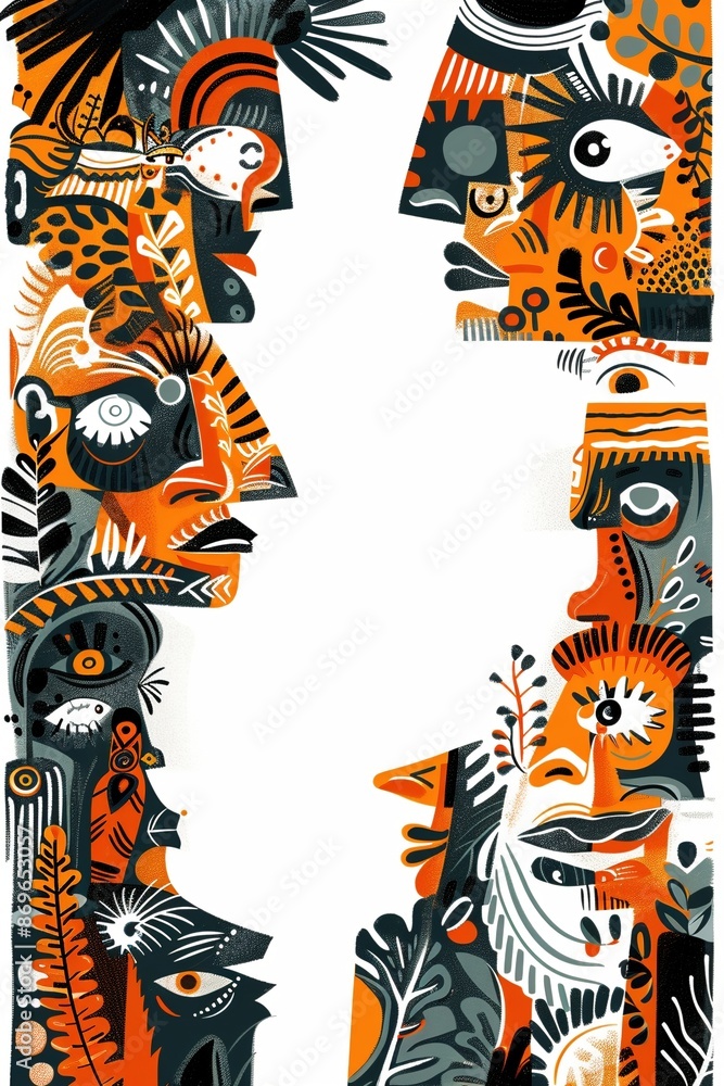 Obraz premium A textured collage of ferocious tiger heads juxtaposed with lush jungle foliage. The crisp white background provides a canvas for personalized messages.