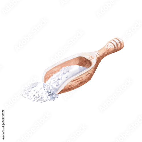 Wooden cup with salt in watercolor illustration on a white background. Hand drawn scoop illustration for cookbooks, advertisements for spas, hammams, baths, physiotherapeutic saunas, beauty salons