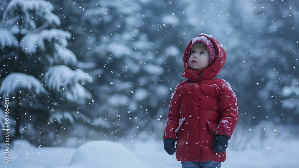 Winter Wonderland Portrait. A child in a red winter coat, playing in the snow, with a backdrop of snowy pine trees Winter Wonderland Portrait. A child in a red winter coat, playing in the snow, with a backdrop of snowy pine trees