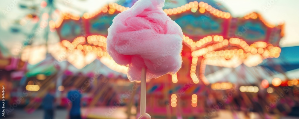 Close-up of fluffy pink cotton candy on a stick, with a vibrant carnival background, evoking sweet childhood memories and festive fun. Free copy space for text.