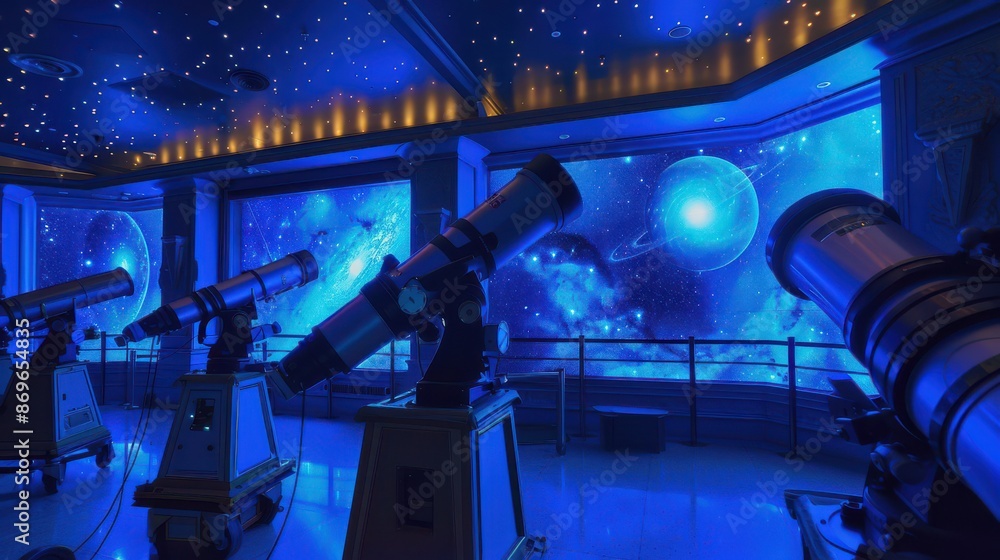 A room with four telescopes, all of which are blue A room with four telescopes, all of which are blue
