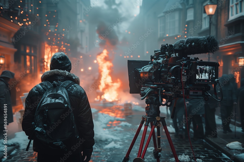 Fototapeta premium Film Crew Shooting Scene in Snowy City Street With Fire