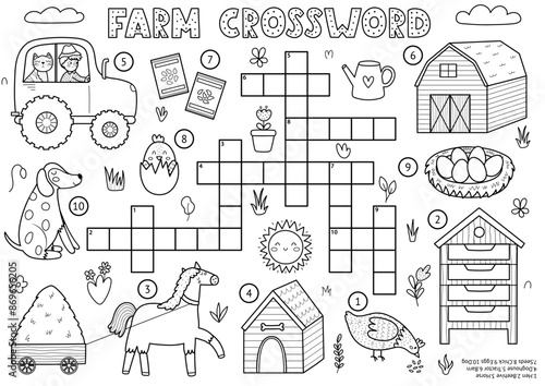 Black and white crossword for kids with cute farm characters. Word search puzzle in outline. Educational game with horse, dog, tractor, barn and more. Vector illustration