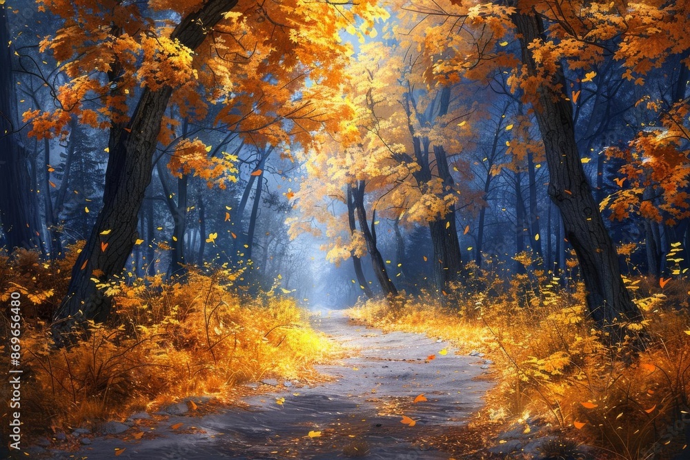 Fototapeta premium Enchanted forest with a sunlit path lined by autumn trees and golden leaves, creating a magical and serene atmosphere.
