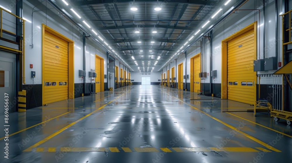 Large, empty warehouse with yellow doors and a yellow strip on the floor. The space is well lit and has a clean, industrial feel Large, empty warehouse with yellow doors and a yellow strip on the floor. The space is well lit and has a clean, industrial feel