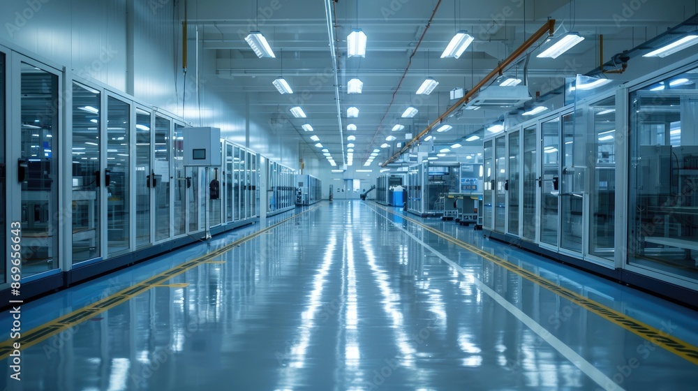 Obraz premium Large industrial building with a long, empty hallway. The walls are made of glass and the floor is made of concrete. The space is very clean and organized, with no furniture or people visible