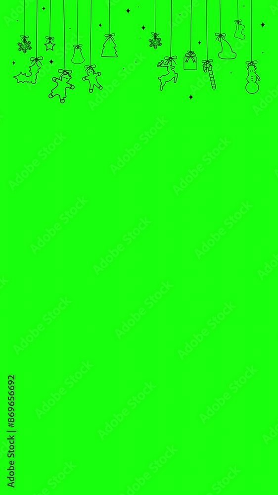 Vertical Hanging Christmas Outline Decorations Isolated on Green Screen Christmas and New year Holiday Decorative Outline Elements Greeting Card or Banner Template Happy New Year Motion Design Element