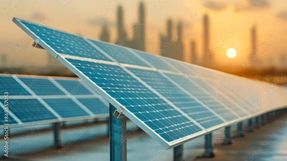 Fototapeta premium Rooftop solar systems transforming urban landscapes with efficient solar panels and groundbreaking photovoltaic innovation.