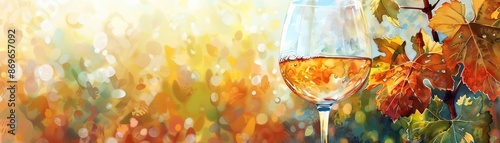Autumn abstract wine glass illustration with colorful leaves and bokeh background, perfect for fall-themed designs and celebration concepts.