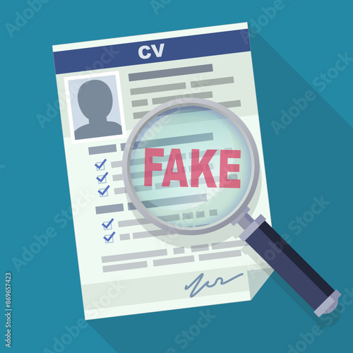 detection of a fake Curriculum vitae under a magnifying glass on a blue background with long shadow (flat design)