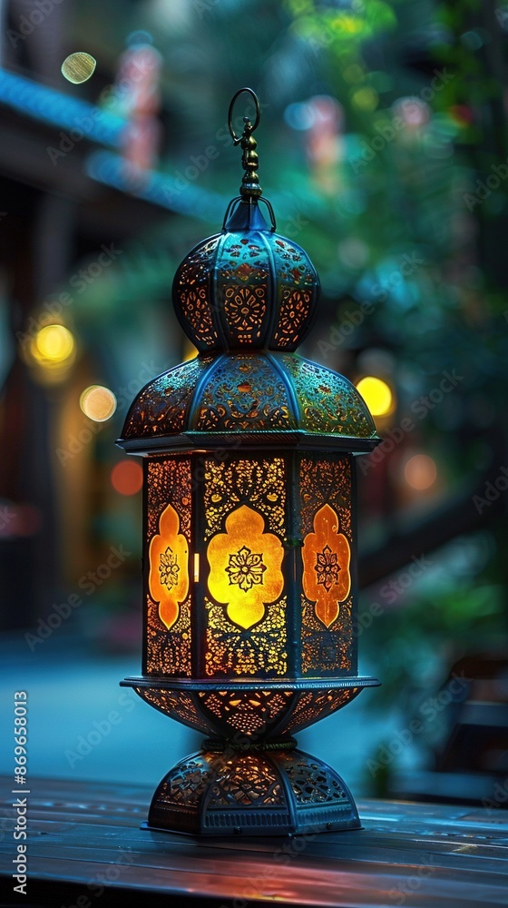 Ornate Islamic Lantern glowing in the evening. Concept of Ramadan, Eid, or Islamic Culture. Ornate Islamic Lantern glowing in the evening. Concept of Ramadan, Eid, or Islamic Culture.